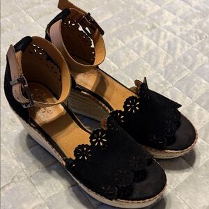 Crown Vintage Black Floral Cutout Espadrille Wedges with Tan Ankle Strap